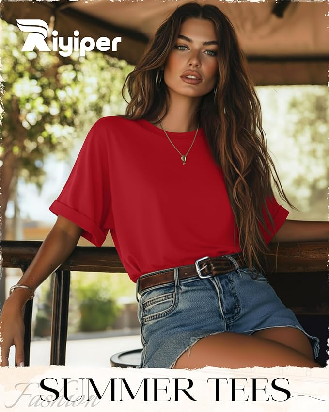 Riyiper 3 Pack Women's Oversized T-Shirt Half Sleeve Summer Tees Casual Loose Fit Crew Neck Basic Tops