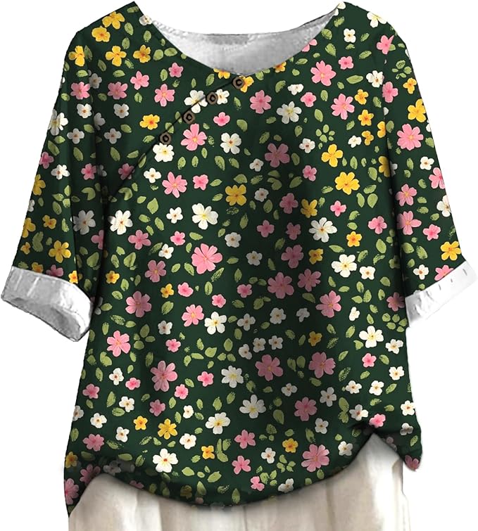 Women's Shirts Dressy Casual Asymmetric Side Button Down Design Tops Summer Loose Fit Crewneck Graphic Tees