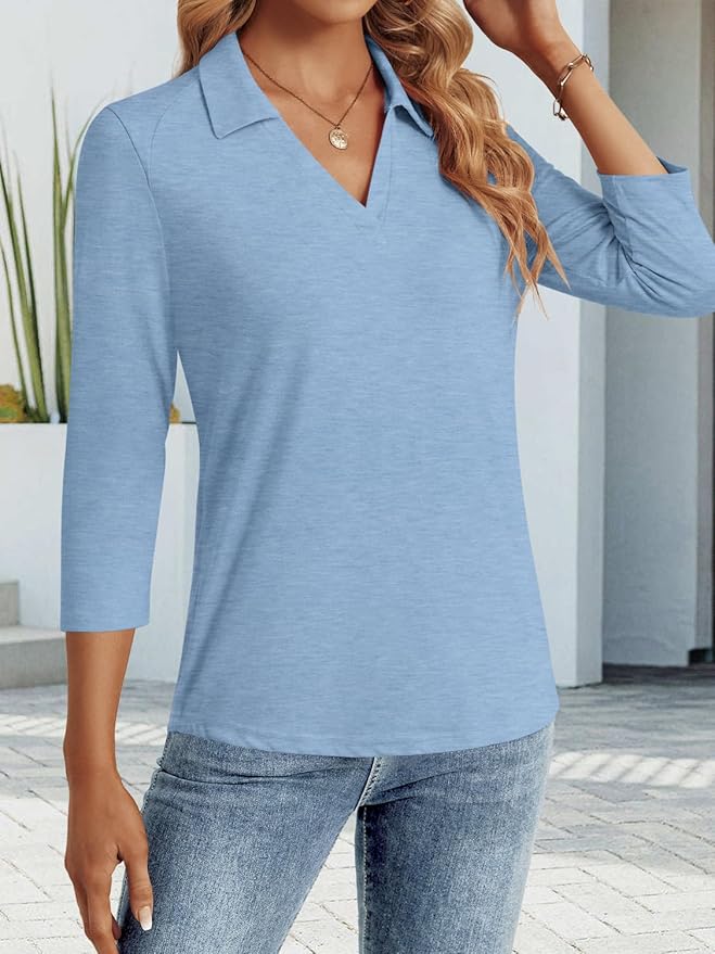 3/4 Length Sleeve Womens Tops Dressy Casual V Neck Polo Shirts Business Work Blouses 2025 Trendy Tunic Top