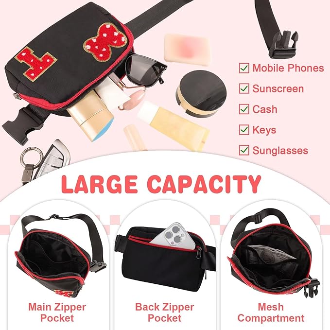 Initial Letter Bow Mouse-Ear Fanny Pack for Teen Girls,Cute Chenille Belt Bag Crossbody Travel Waist Pack for Women&Kids,Personalized Gift for Theme Park,School & Travel, Birthday Christmas(T)