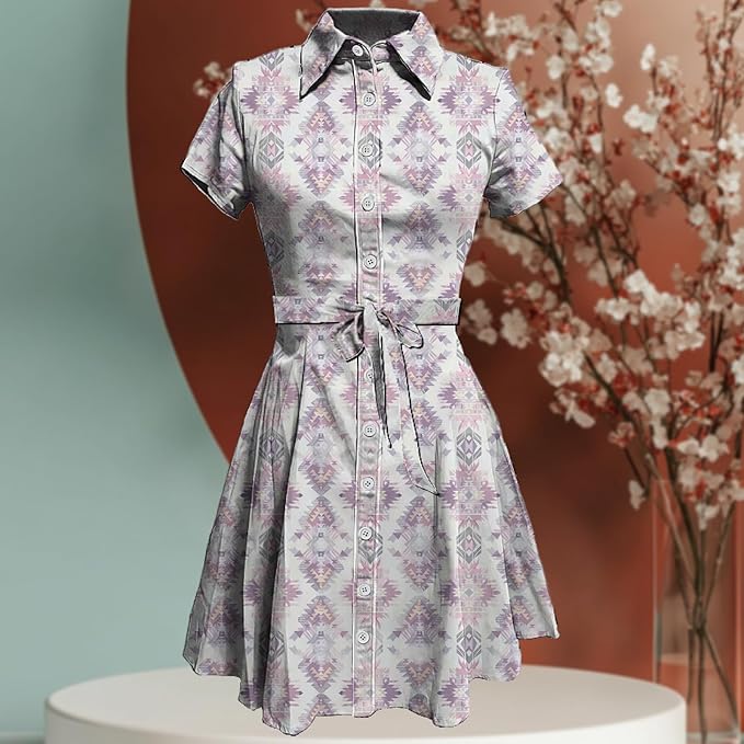 MARSVOVO Vintage Retro Shirt Dress for Women Short Sleeve Button Down Tie Waist Elegant Smocked Knee Length Dress