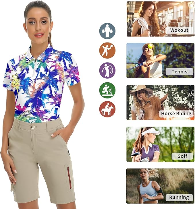 Women's Golf Shirt Short Sleeve Tennis Shirt Quarter Zip Golf Pullover Golf Polo Shirts Argyle Tops