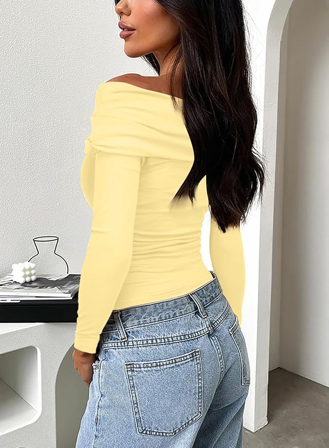 Darong Women's Off Shoulder Tops Y2K Shirt Slim Fit Ruched Crop Top Long Sleeves Spring Fall Blouse Going Out Shirt