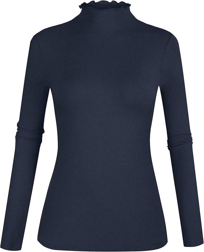 POPZONE Women's Lettuce Trim Mock Neck Long Sleeve Slim Fit Ribbed Knit Tee Shirt Tops