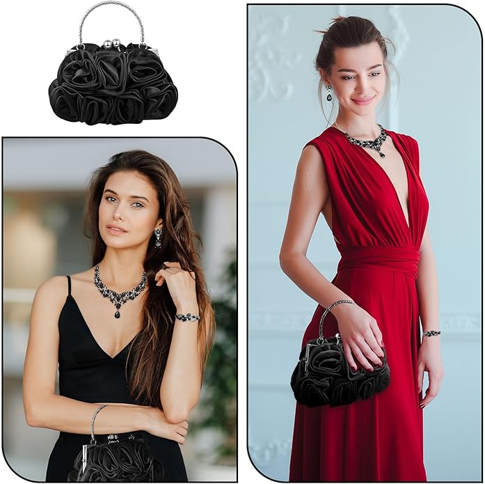 4 Pcs Flower Clutch Rhinestone Jewelry Set Rose Clutch Handbags with Detachable Strap Detachable Necklace Earrings Bracelets for Wedding Party Prom Valentine Gift