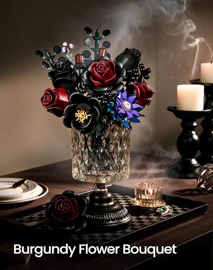 iATOM Black Burgundy Red Rose Bouquet Building Set, 12Pcs Flowers Botanical Collection Kit for Adult Women,Valentine's Day Gift for Her/Mom/Girlfriend/Wife/Couple, Gothic Home Table Centerpieces Decor