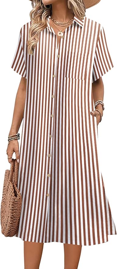 HOTOUCH Womens Dress Summer Casual Midi Short Sleeve Button Down Shirt Dresses Loose Beach Cover Up with Pockets
