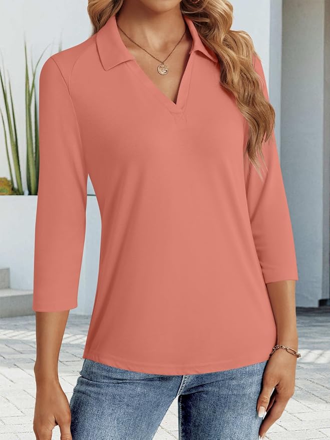 3/4 Length Sleeve Womens Tops Dressy Casual V Neck Polo Shirts Business Work Blouses 2025 Trendy Tunic Top