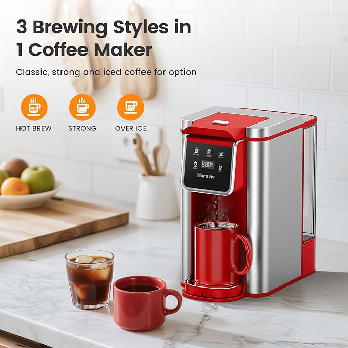 Horavie Single Serve Coffee Maker for K-Cup Pod and Grounds, Hot and Iced Coffee Maker, Strong Button Feature, 6 to 14oz Brew Sizes, 50oz Removable Reservoir, Fit 6.5" Mugs, Stainless Steel, Red