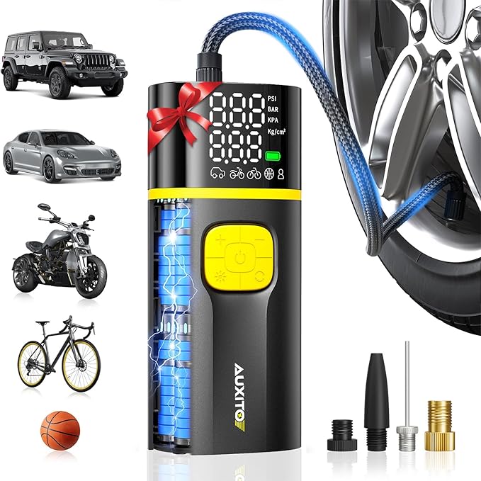 AUXITO A502 Tire Inflator Portable Air Compressor - 150PSI Dual Cylinder 7800 mAh & 12V DC, Bike Pump Air Pump for Car, Truck, Bike, Motorcycle with Digital Tire Pressure Gauge, Car Gifts for Men