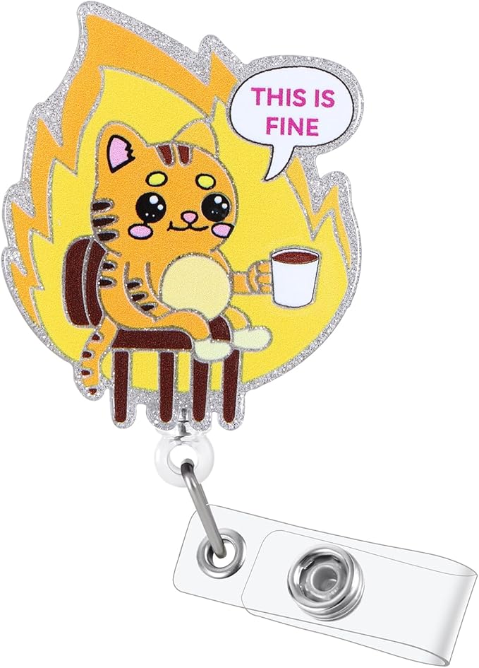 This is Fine Cute Cat Badge Reel, Retractable ID Card Funny Badge Holder with Alligator Clip, Name Tag Badge Buddy for Nurse Doctor Nursing Student Teacher Office Worker Police Social Worker Gifts