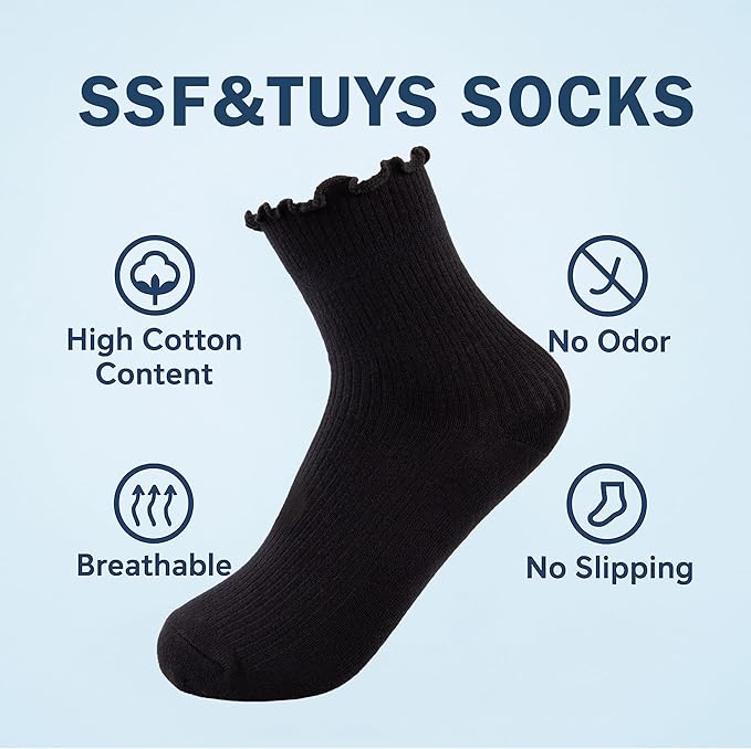 SSF&TUYS Ruffle Socks for Women – Soft Cotton Frilly Ankle Socks, Cute, Breathable & Comfy, 6 Pairs