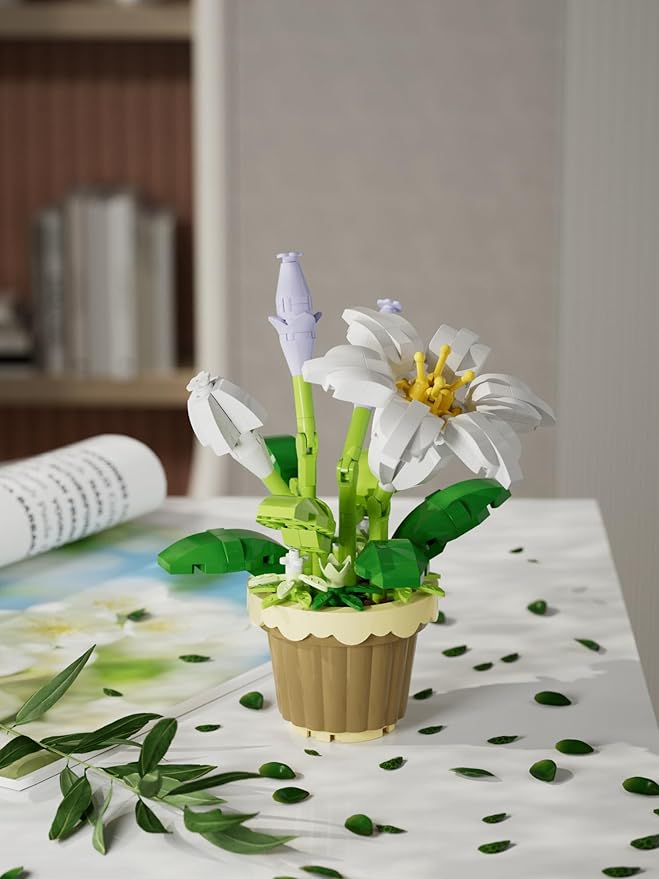Jollcnoia Lily Mini Flower Potted Bonsai Building Toy Blocks Particle Flower Botanical