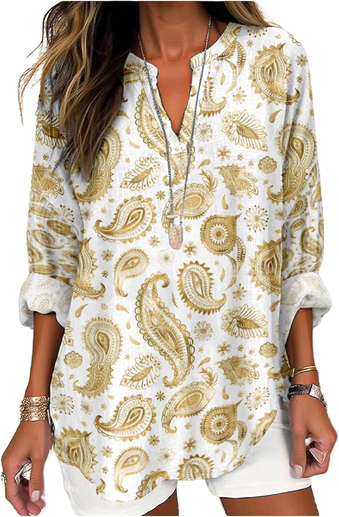 MARSVOVO V Neck Shirt For Women Boho Multi Style Blouse Long Sleeve Novelty Graphic Plus Size Pullover Tops For Women