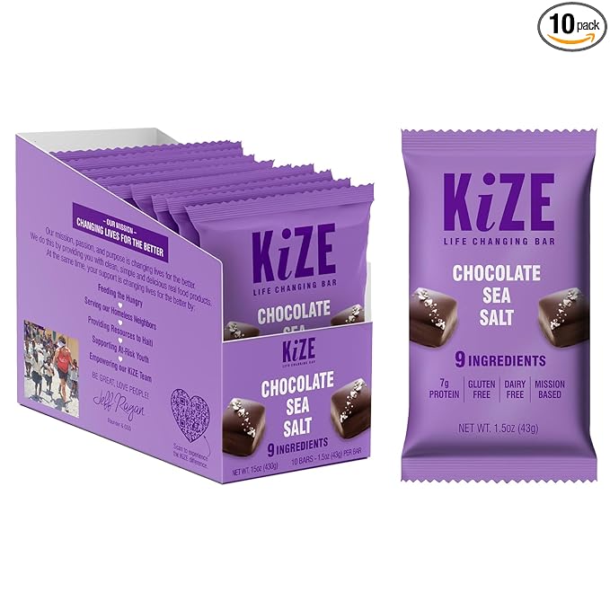 KiZE Energy Bars - Chocolate Sea Salt - Gluten Free, Dairy Free, Non-GMO, and High Protein Meal Replacement Energy Bars, Meal Bas, Clean & Simple Food Ingredients - 7g High Protein Snacks, (10 Count)