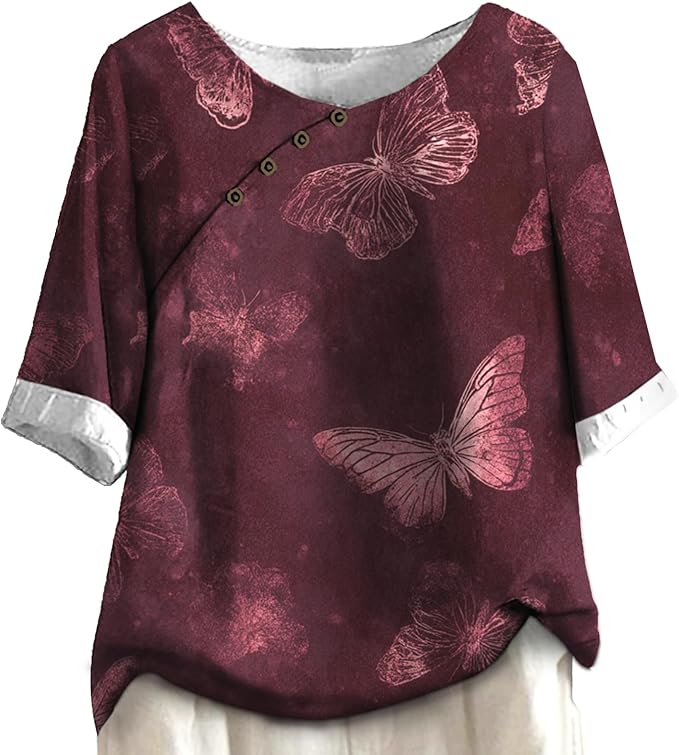 Women's Shirts Dressy Casual Asymmetric Side Button Down Design Tops Summer Loose Fit Crewneck Graphic Tees