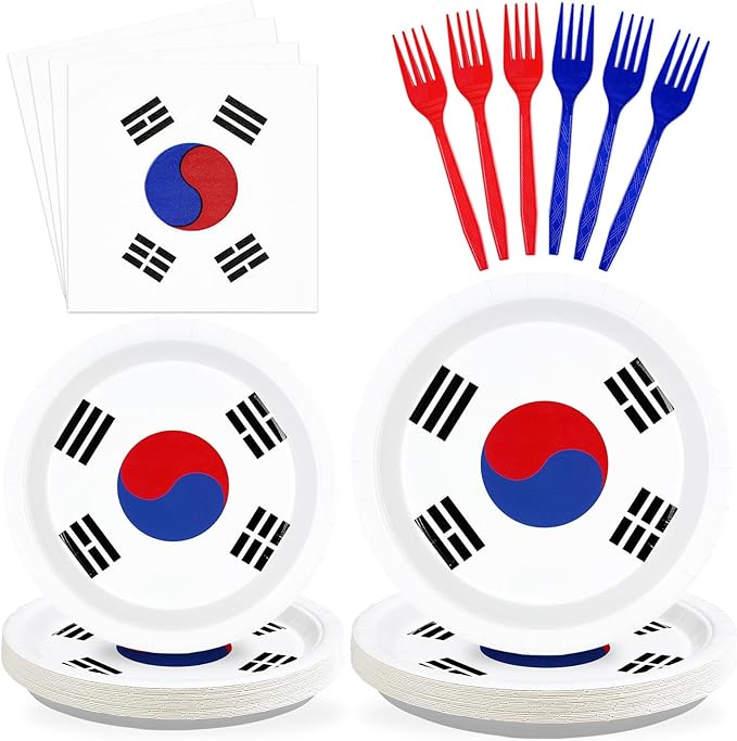 Greencian 96 Pcs South Korea Flag Themed Party Supplies Disposable South Korean Paper Plates and Napkins Korean National Flag Tableware Set for Country Decoration Party Supplies, Serves 24