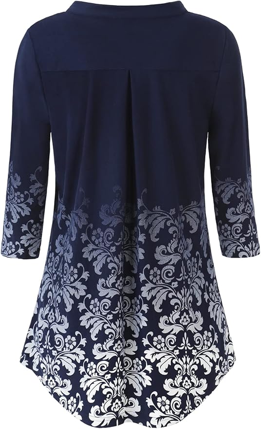 BAISHENGGT 3/4 Sleeve Tops for Women Notch V Neck Floral Work Blouses Dressy Casual Loose Fit Going Out Tunic Tops