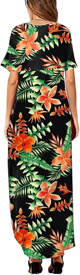 Arolina Women's Summer Maxi Dress Short Sleeve V Neck Casual Loose Long Beach Split Dresses with Pockets