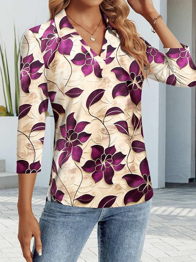 3/4 Length Sleeve Womens Tops Dressy Casual V Neck Polo Shirts Business Work Blouses 2025 Trendy Tunic Top