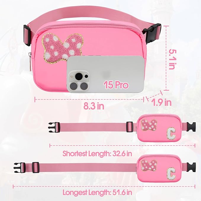 Chenille Initial Letter Bow Mouse Fanny Pack, Waterproof Park Crossbody Bag Christmas Birthday Gifts for Teen Girls Daughter Women Kids Adults, Cute Belt Bag Must Haves for Park Travel (C, Pink)