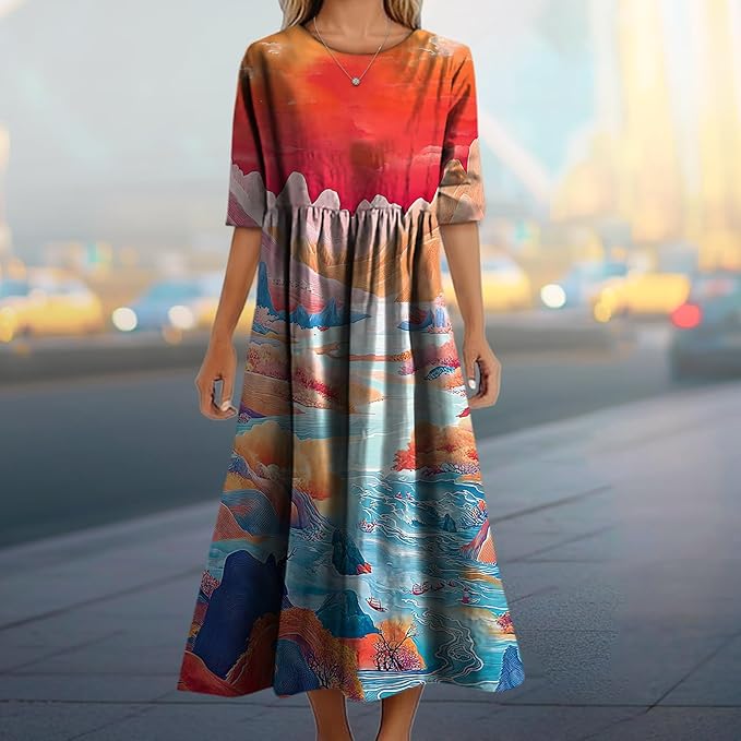 MARSVOVO Trendy Dresses for Women 2025 Classic Fairy Flowy Sundress Relaxed Fit Dress with Side Pockets