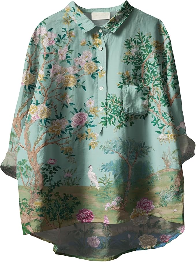 Womens Boho Tops 3/4 Long Sleeve Floral Blouses Hawaii Beach Button Down Shirts V Neck Pullover Casual Tunics