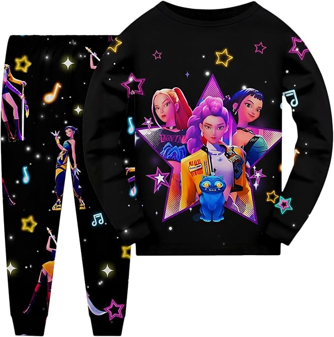 Girls 2 Piece K Pop Singer Outfits Cute Cartoon Graphic Shirts and Pants Casual Tracksuit Fashion Clothing Sets