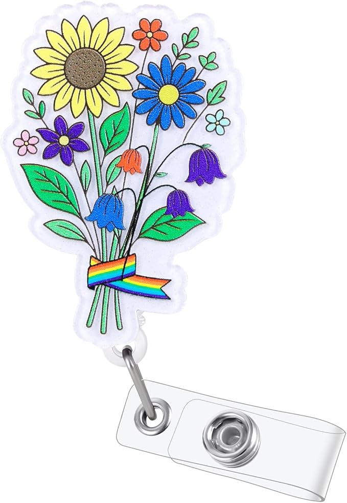 LGBTQ Rainbow Flower Funny Nurse Badge Reel, Cute Gay Pride Retractable ID Card Badge Holder with Alligator Clip, Name Tag Medical Badge Buddy for Nurse Nursing Student Doctor Friend Office Workers