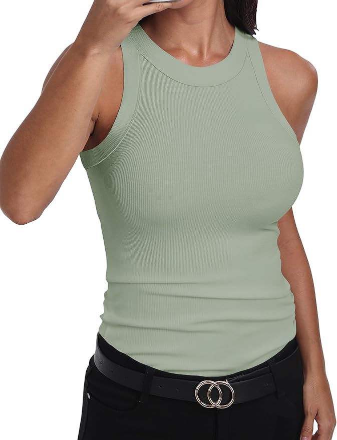GEMBERA Womens Sleeveless Racerback High Neck Casual Basic Cotton Ribbed Fitted Tank Top