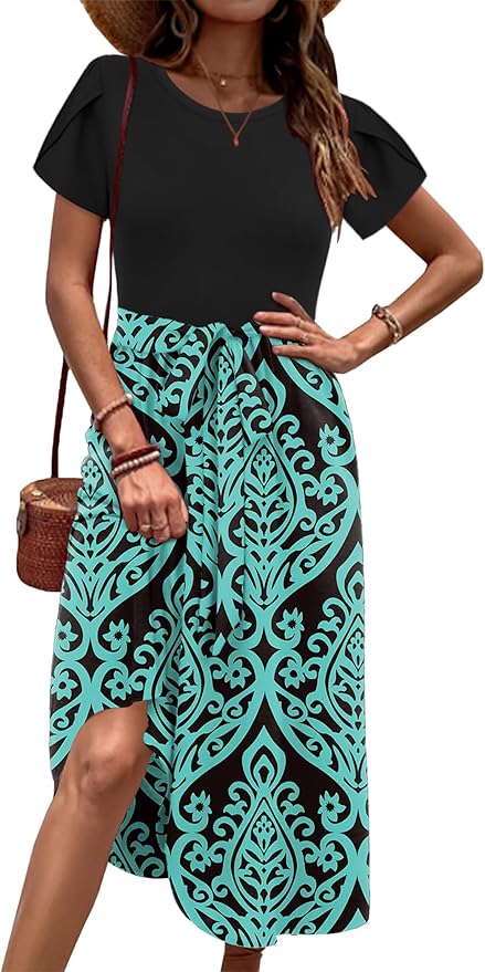 Zeagoo Womens Midi Dress Summer Short Sleeve Dress with Pockets 2025 Casual Floral T-Shirt Dress Flowy Beach Sundress