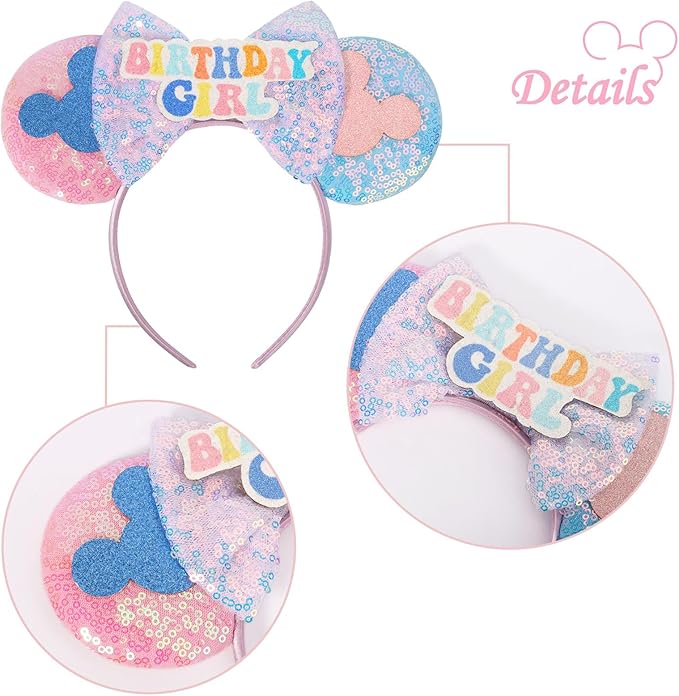 ETLUK Birthday Mouse Ears Headband, Birthday Girl Headband Sequin parks Ears for Adult Women Girls, Cosplay Accessories Party Decorations