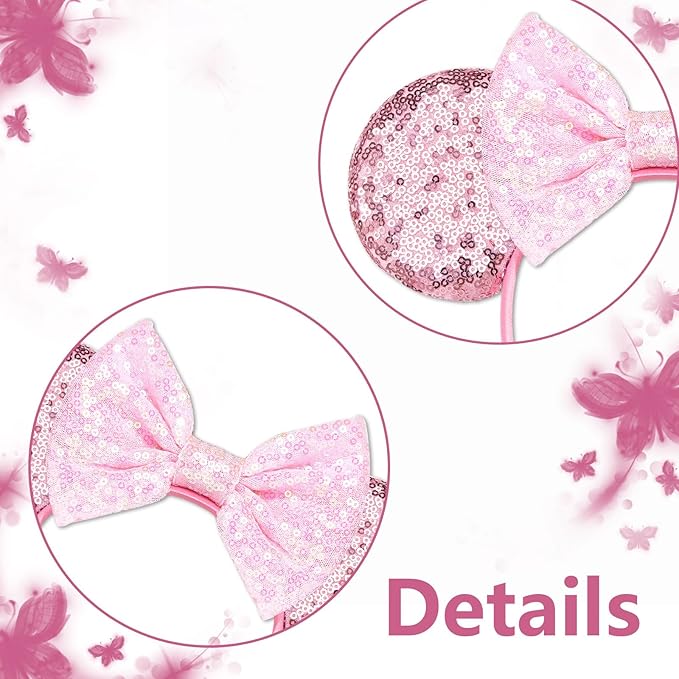 HAMUTH Pink Bow Mouse Ears,Mouse Ears Headband Hairs Accessories for Women Girls,Bow Birthday Decorations for Party Trip Parks Cosplay Accessories