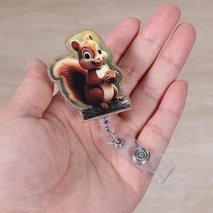 Cute Squirrel Badge Reel, Retractable ID Card Badge Holder, Name Tag Work Badge Clip for RN LPN CNA MA Night Shift Nurse Nursing Student OB/GYN Pediatric Doctor, Librarian Nurse Teacher Doctor Gifts