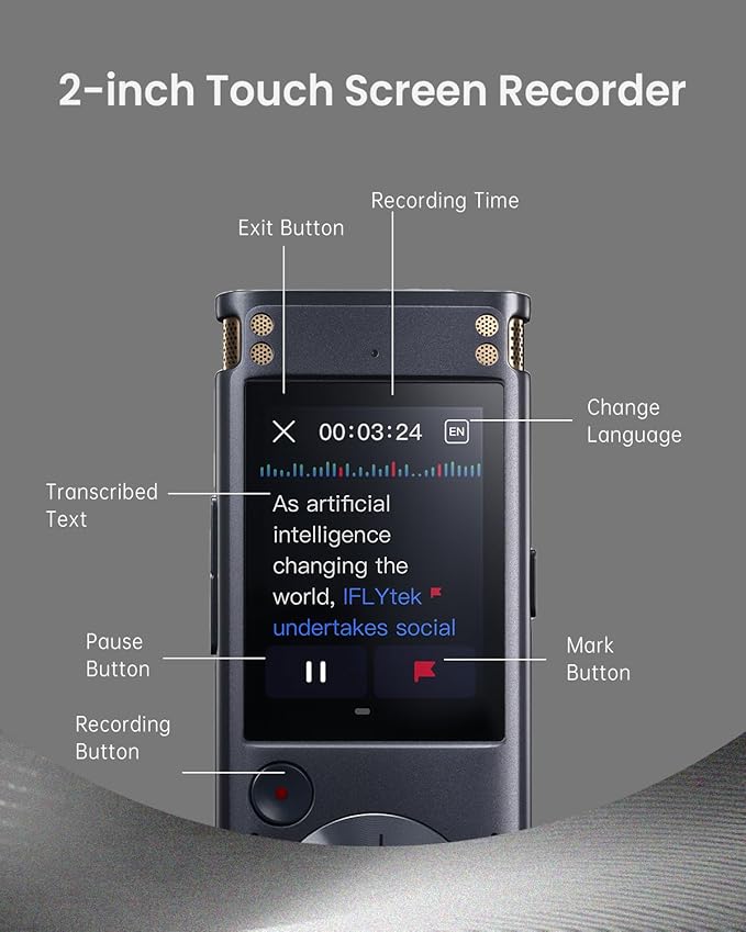 iFLYTEK AI Voice Recorder with Playback, Digital Voice Recorder with Voice-to-Text Transcription & Smart Summarize, AI Recorder Transcriber for Lectures, Interviews, Conferences & Lawyers