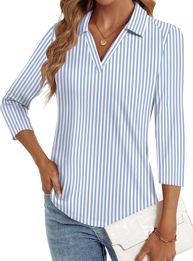 3/4 Length Sleeve Womens Tops Dressy Casual V Neck Polo Shirts Business Work Blouses 2025 Trendy Tunic Top