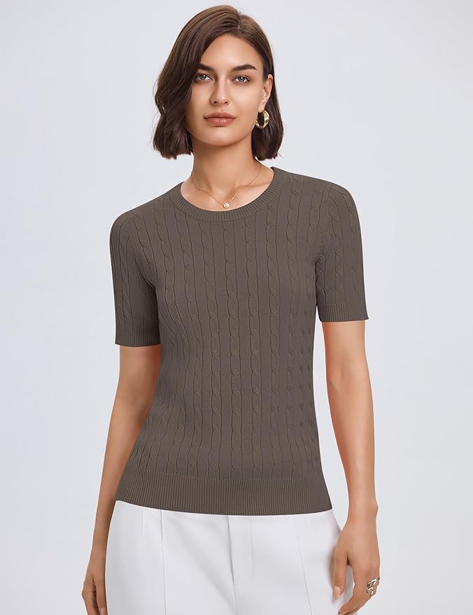 Micoson Womens Short Sleeve Cable Knit Sweater Tops Crewneck Lightweight Spring Summer Shirts Business Dressy Casual Outfits