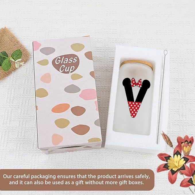 Cute Cartoon Mouse Lover Gifts Initial A-Z Personalized Iced Coffee Cup Magic Mouse Stuff Wizard Gift 16oz Glass Cup with Lid and Straws Birthday Christmas Gifts for Women Teen Girls (Letter V)