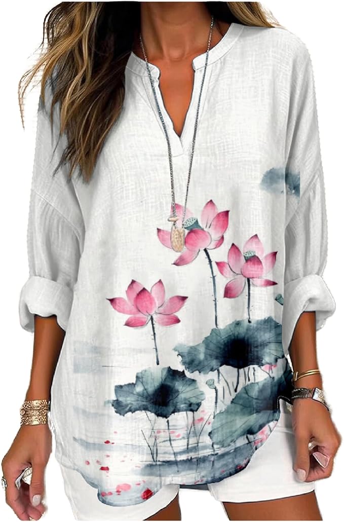 MARSVOVO V Neck Shirt For Women Boho Multi Style Blouse Long Sleeve Novelty Graphic Plus Size Pullover Tops For Women