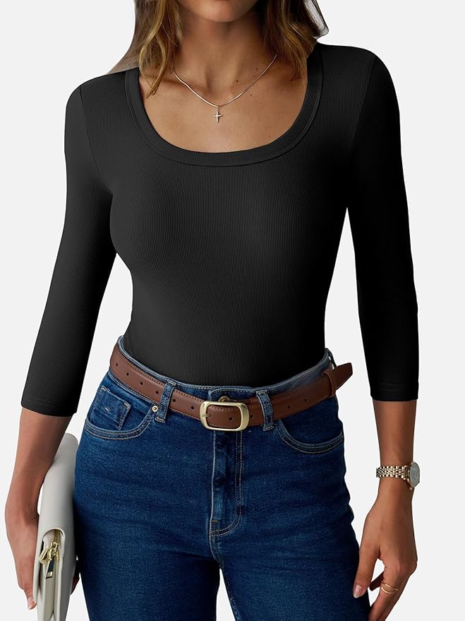 Womens 3/4 Sleeve Scoop Neck Top Ribbed Knit Slim Fitted Casual Basic Tee Shirts 2025 Fall Trendy Work T-Shirt Outfits