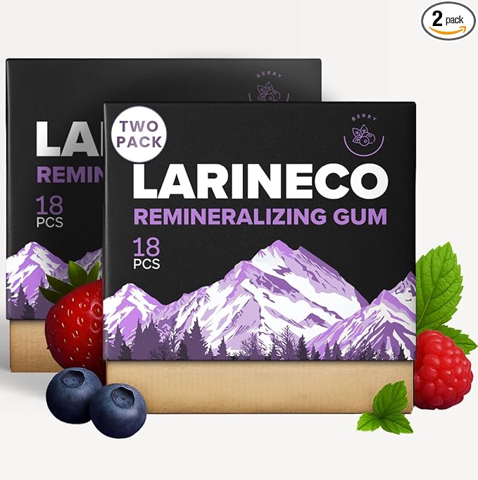 Larineco Remineralizing Gum with Nano Hydroxyapatite & Xylitol – Sugar-Free Cinnamon Xylitol Gum – Plastic-Free, Dye-Free, Aspartame-Free – Natural Base – 18 Pieces (18 Count (Pack of 2), Berry)