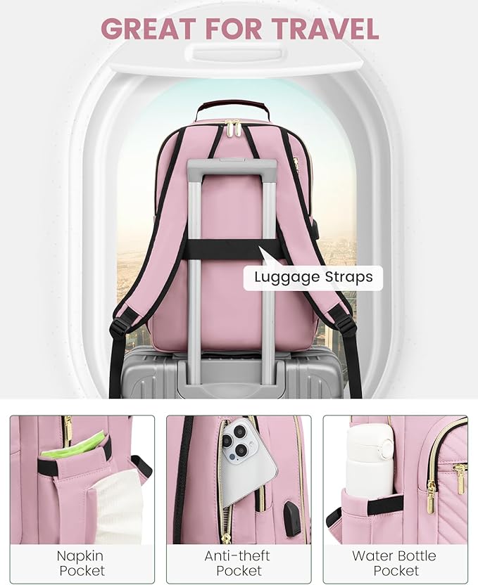 LOVEVOOK Laptop Backpack Purse for Women, Work Travel Computer Bags, College School Backpack for Student Girl, Quilted Casual Daypack with USB Port, Fit 15.6 Inch Laptop, Light Pink