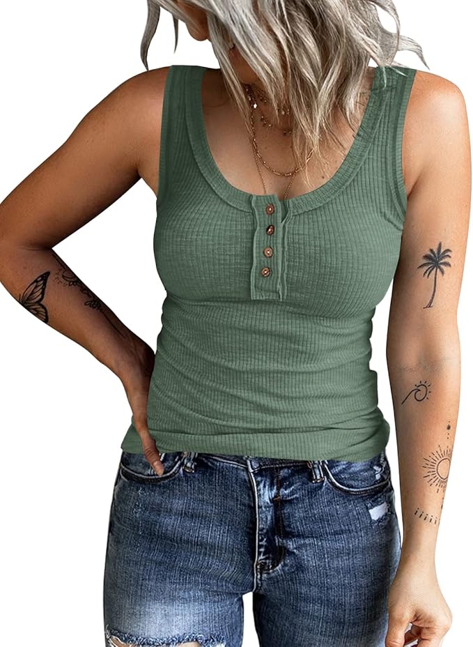 KINLONSAIR Women's Sleeveless Henley Tank Tops Ribbed V Neck Button Down T Shirts Summer Slim Fit Tee Tops