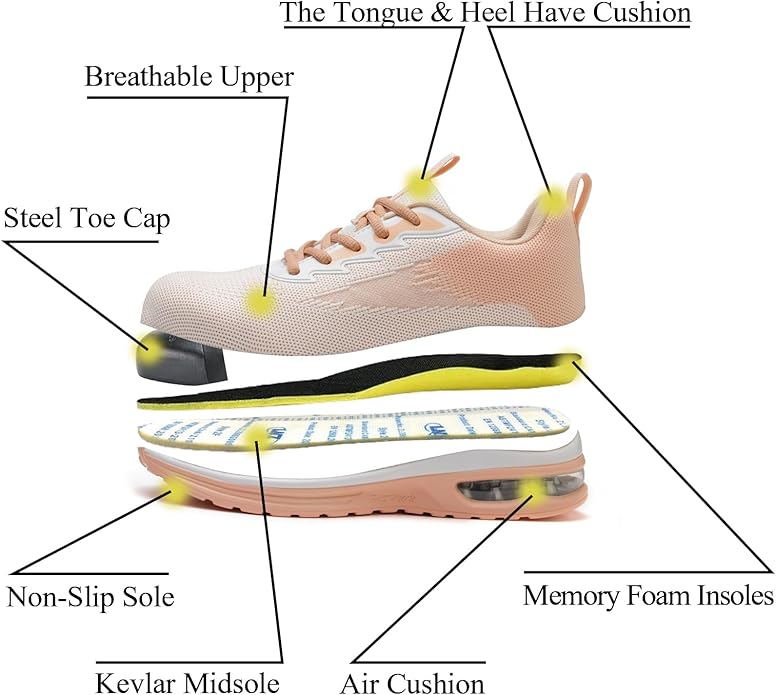 Steel Toe Shoes for Women Lightweight Breathable Safety Work Sneakers Non Slip Puncture Proof Utility Slip On Footwear for Industrial Construction