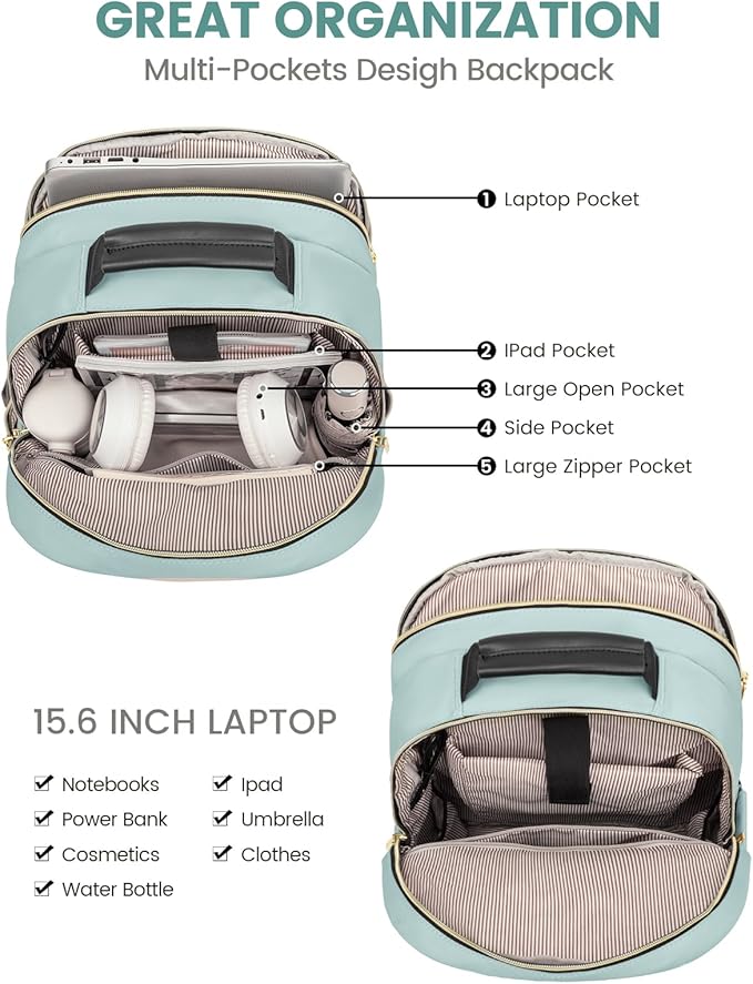 LOVEVOOK Laptop Backpack Purse for Women, Work Travel Computer Bags, College School Backpack for Student Girl, Quilted Casual Daypack with USB Port, Fit 15.6 Inch Laptop, Mint Green