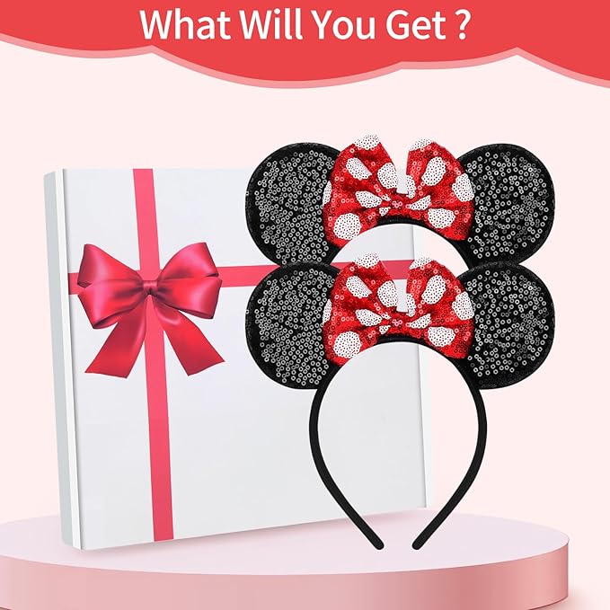 Sotaila 2 Pack Red Mouse Ears Headbands for Women Girls, Sequin Bow Headband for Cosplay Costume Birthday Party Decorations Hair Accessories