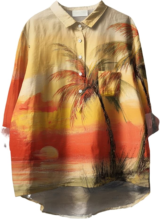 Womens Boho Tops 3/4 Long Sleeve Floral Blouses Hawaii Beach Button Down Shirts V Neck Pullover Casual Tunics