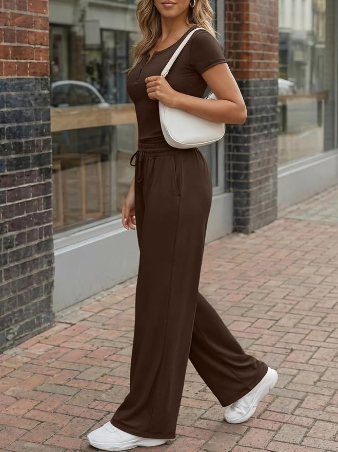 Trendy Queen Women's 2 Piece Matching Lounge Sets Summer Henley Neck Slightly Crop Top Wide Leg Pants Casual Sweat Suit