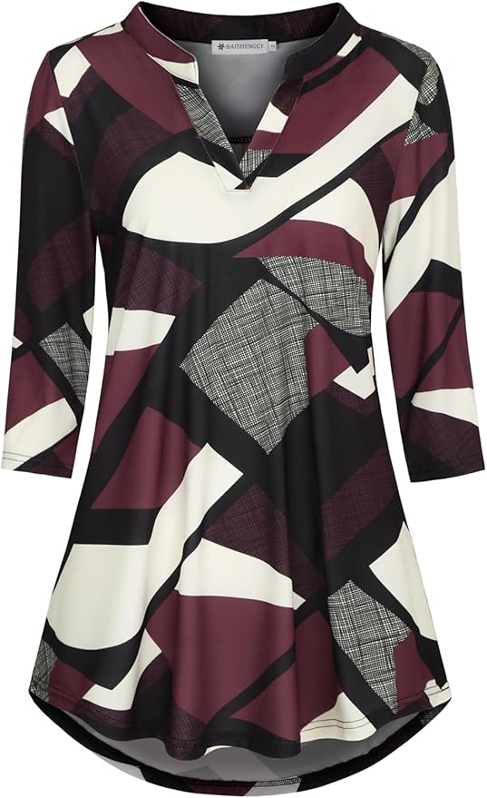 BAISHENGGT 3/4 Sleeve Tops for Women Notch V Neck Floral Work Blouses Dressy Casual Loose Fit Going Out Tunic Tops