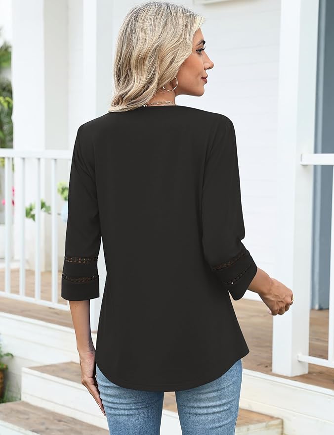 Ivicoer 3/4 Length Sleeve Womens Tops V Neck Lace Embroidered Summer Blouses Loose Fit Tunic Dressy Casual